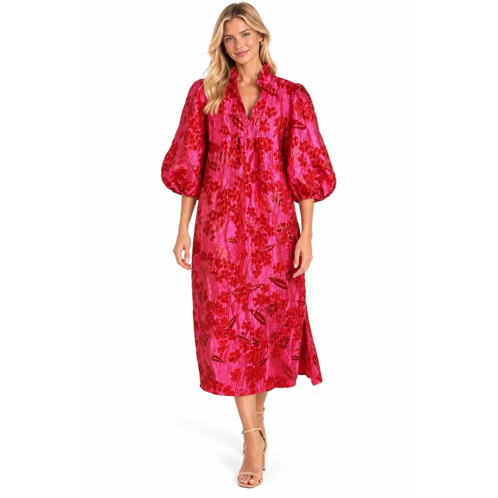 Floral Jacquard Midi Dress L Pink Red Metallic Balloon Sleeve Ruffle V Neck